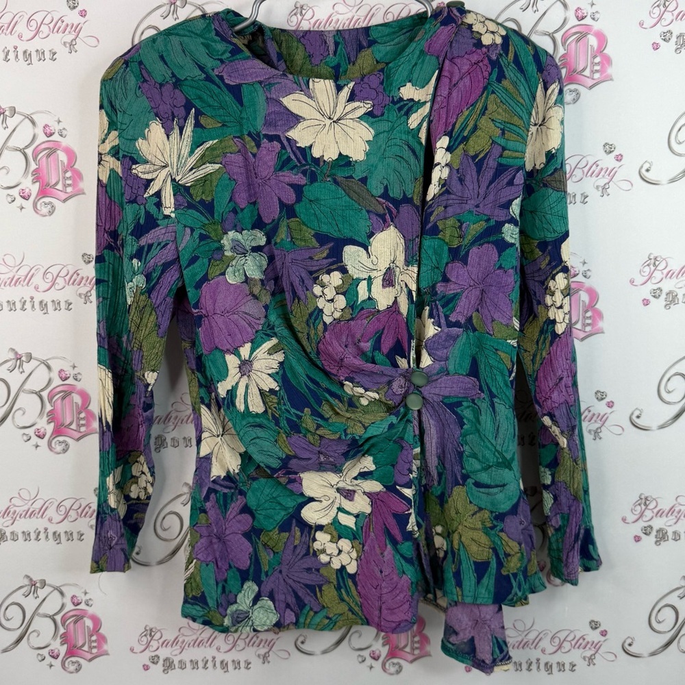 Quintieri collection long sleeve Vibrant Floral Blouse - Green, Purple, Cream